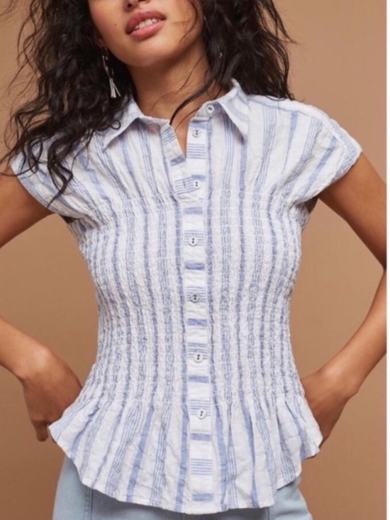 Maeve Tops - Maeve Bellamy Button Down Smocked Stripe Blue & White